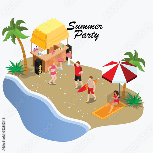 Beach bar with happy people at beach isometric 3d vector illustration concept for banner, website, illustration, landing page, flyer, etc.