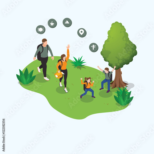 Family hiking with location app on a gadget isometric 3d vector illustration concept for banner, website, illustration, landing page, flyer, etc.