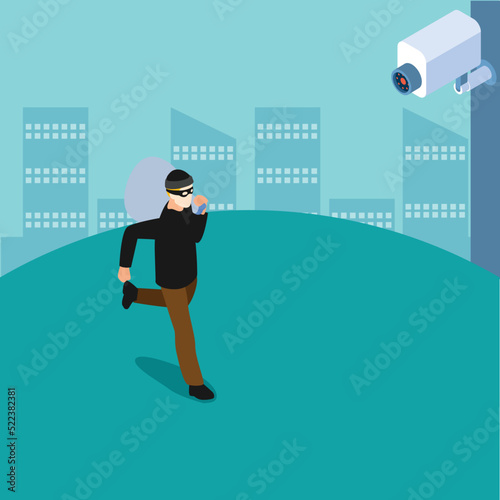 Thief run with bag of money caught on CCTV camera isometric 3d vector illustration concept for banner, website, illustration, landing page, flyer, etc.