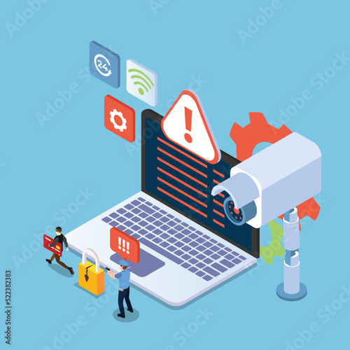 Wallpaper Mural A burglar steals data from a laptop caught by an officer isometric 3d vector illustration concept for banner, website, illustration, landing page, flyer, etc