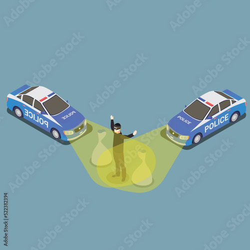 Arrested thief character with bags of money by police cars isometric 3d vector illustration concept for banner, website, illustration, landing page, flyer, etc.