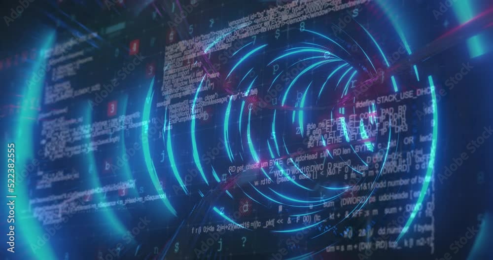 Animation of light trails and cyber security data processing over glowing tunnel in seamless pattern