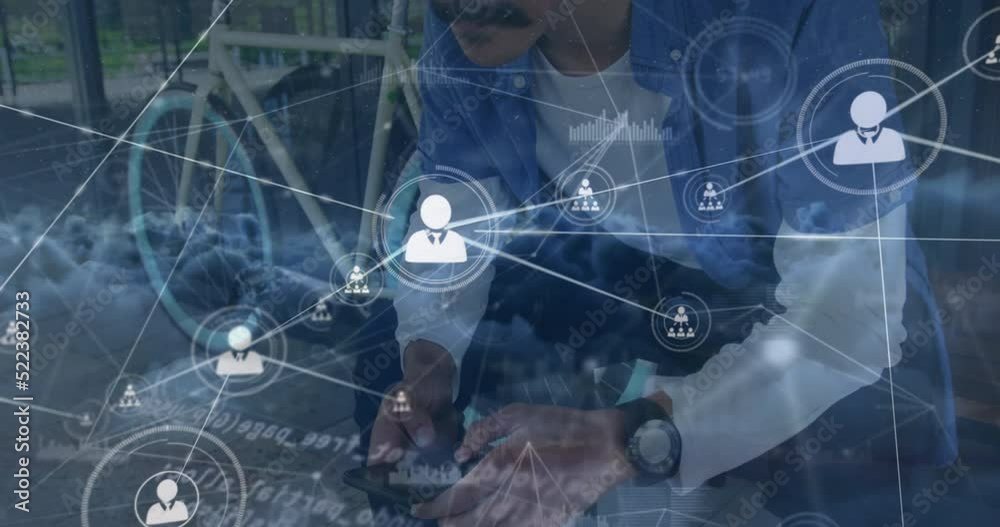 Animation of network of profile icons over clouds in the sky against caucasian man using smartphone Animation of network of profile icons over clouds in the sky against caucasian man using smartphone