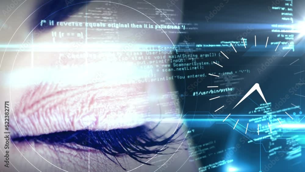Animation of data processing, ticking clock and scope scanning over close up of a female eye Animation of data processing, ticking clock and scope scanning over close up of a female eye