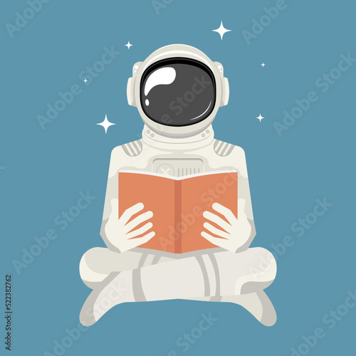 Inspirational education cartoon, Sitting astronaut reading a book, Digital marketing illustration.