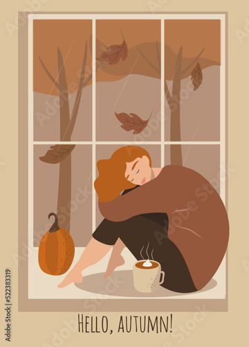 vector illustration in flat style. template for autumn postcard. a girl sits with a cup of pumpkin latte by the window. rain outside the window photo