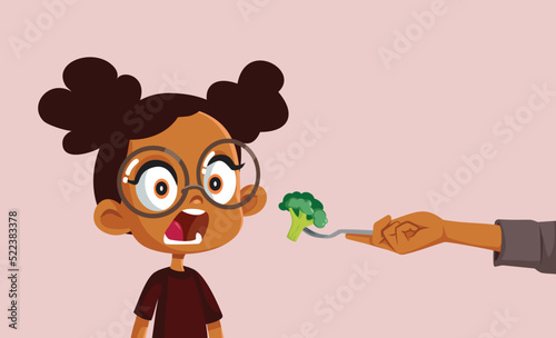 Mom Feeding Her Girl Broccoli Vector Cartoon Illustration. Screaming child disliking steam vegetables healthy meal recipe 
