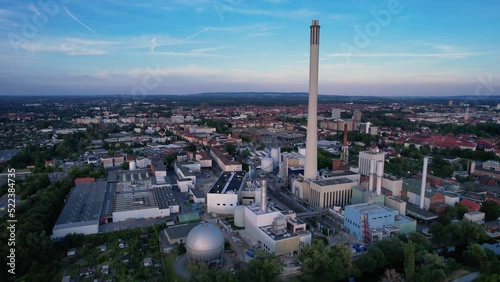 Aerial flying towards Braunschweig central heating gas power plant in Germany photo