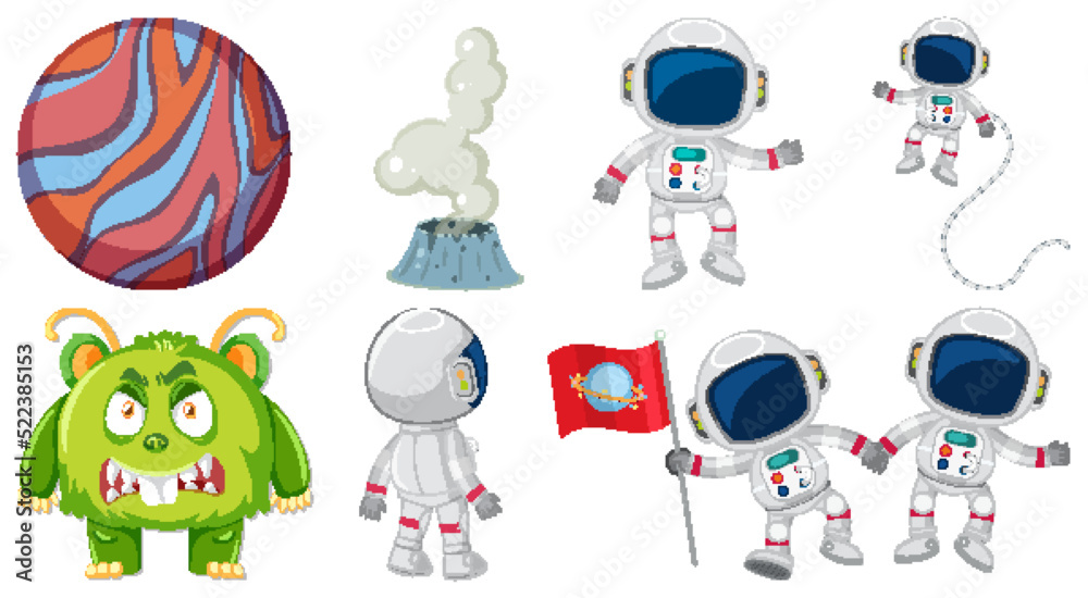 Fototapeta premium Set of space cartoon characters and objects