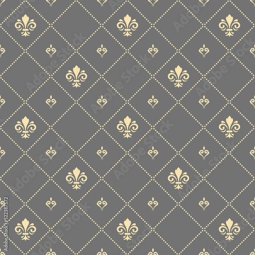 Seamless vector pattern. Modern grey and golden geometric ornament with royal lilies. Classic background