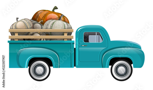 Harvest Truck with Pumpkins. Autumn banner. Pumpkin Truck, Autumn Harvest Truck,Thanksgiving arrangement, Pick Up Car, Vintage Car. Old truck with a pumpkin harvest in the trunk