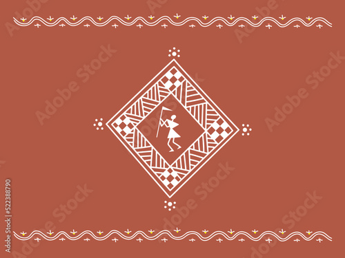 Traditional Indian ornament with a man with a flag. Rhomboid vector pattern. Sora art of idittals or warli painting.