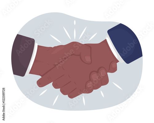 Making agreement 2D vector isolated illustration. Businessmen partnership. Traditional flat hand gesture on cartoon background. Agreement colourful editable scene for mobile, website, presentation