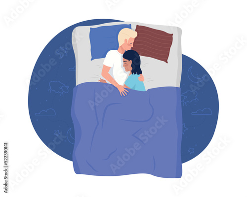 Hugging man and woman sleeping in bed 2D vector isolated illustration. Love relationship flat characters on cartoon background. Romantic colourful editable scene for mobile, website, presentation