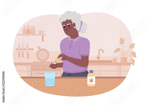 Senior woman with pills at home 2D vector isolated illustration. Vitamin supplement. Medicine flat character on cartoon background. Treatment colourful editable scene for mobile, website, presentation