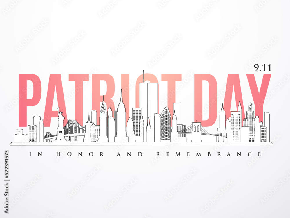 Fototapeta premium 911 New York. Patriot Day anniversary banner. 11 September 2001. Panorama New York City skyline. Stock vector illustration.