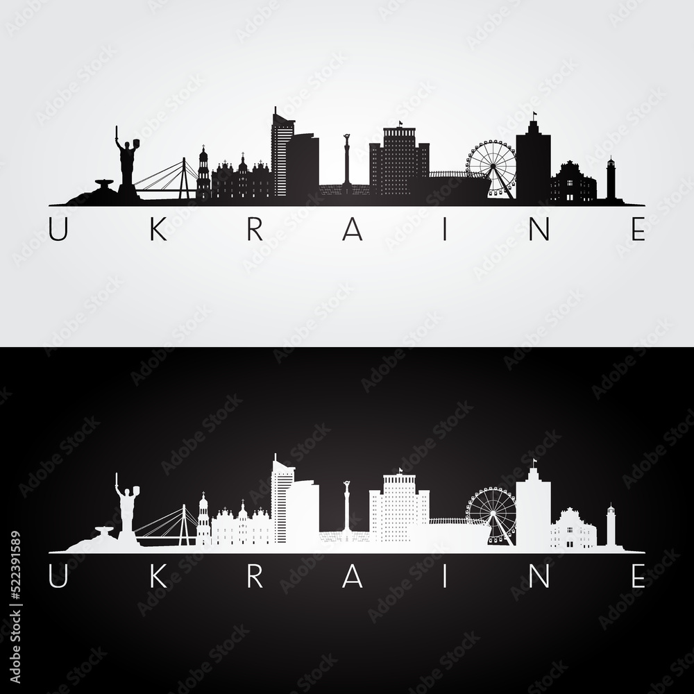 Naklejka premium Ukraine skyline and landmarks silhouette, black and white design, vector illustration.