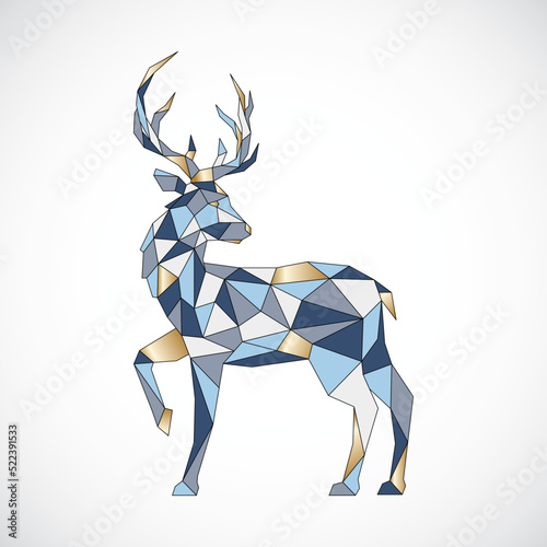 Vector image of Geometric Deer in full growth with raised front hoof. Polygonal Deer painted in Scandinavian colors. Christmas graphic element.
