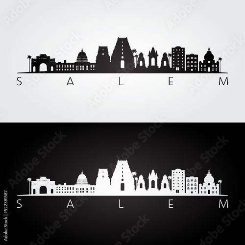 Salem, India skyline and landmarks silhouette, black and white design, vector illustration.