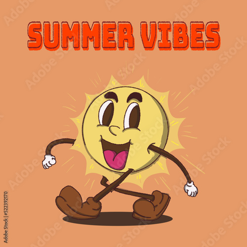 Summer vibes. walking sun cartoon mascot vector illustration with face. for vintage retro logos and branding. funky vintage style cartoon face vector illustration