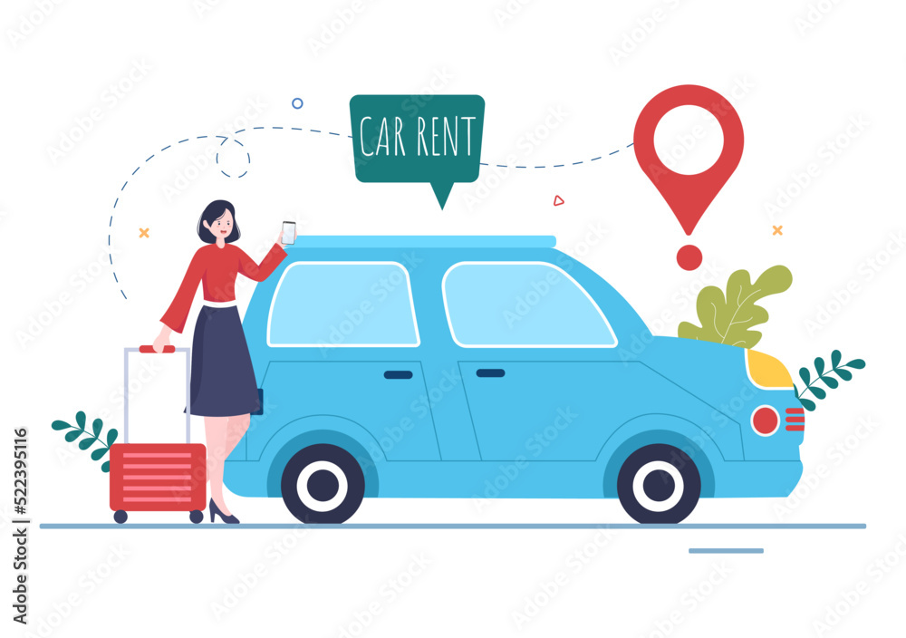 Car Rental, Booking Reservation and Sharing using Service Mobile Application with Route or Points Location in Hand Drawn Cartoon Flat Illustration Car Rental, Booking Reservation and Sharing using Service Mobile Application with Route or Points Location in Hand Drawn Cartoon Flat Illustration