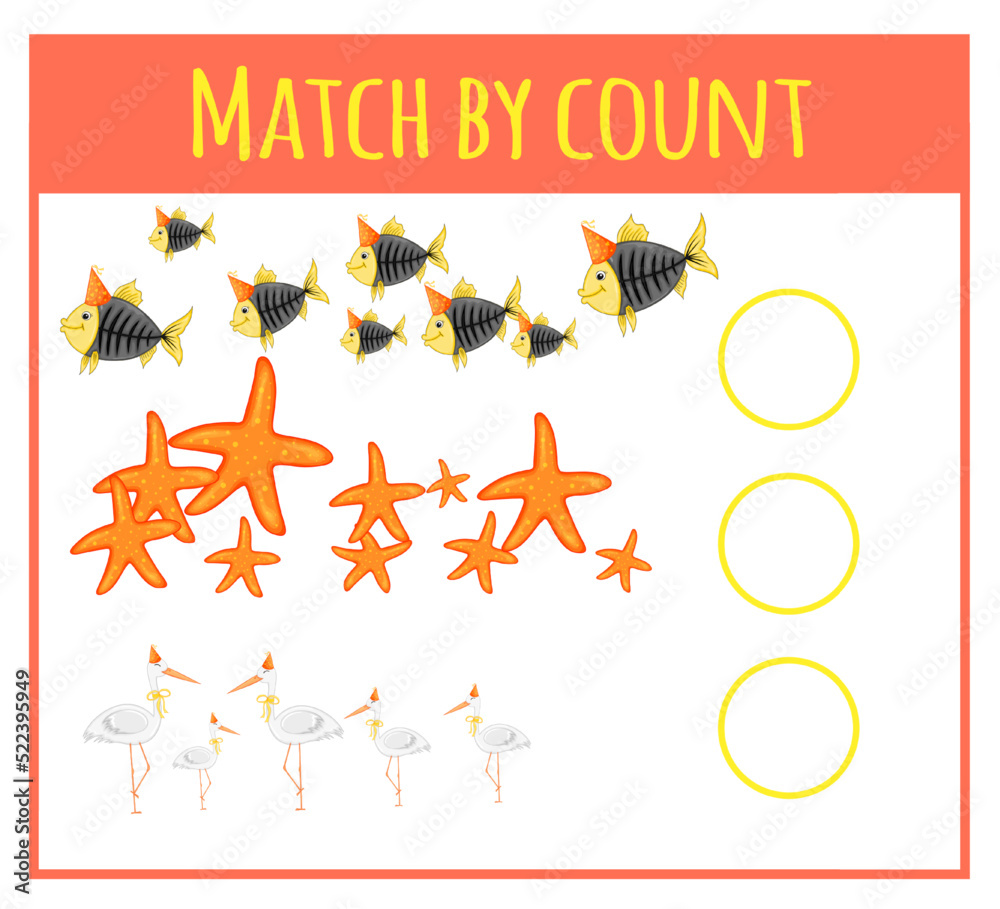 Fototapeta premium Kids learning number material. Educational game for preschool children with different subjects. Cartoon vector illustration