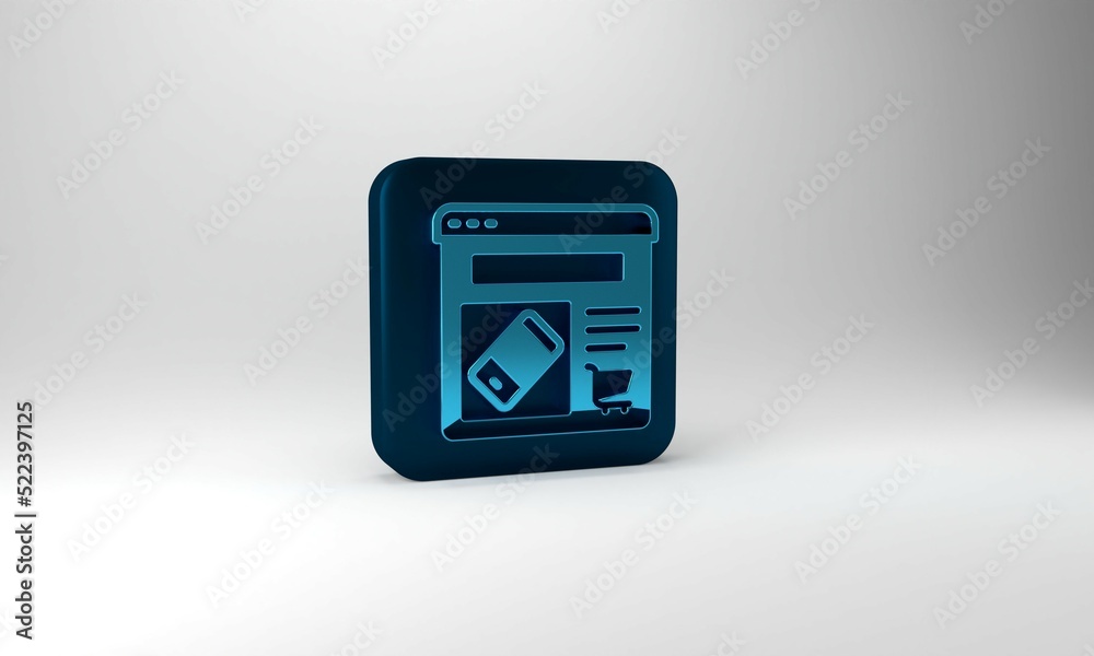 Blue Online shopping on screen icon isolated on grey background. Concept e-commerce, e-business, online business marketing. Blue square button. 3d illustration 3D render Blue Online shopping on screen icon isolated on grey background. Concept e-commerce, e-business, online business marketing. Blue square button. 3d illustration 3D render