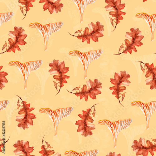 Autumn forest, mushroom, oak leaf watercolor seamless pattern. Template for decorating designs and illustrations.