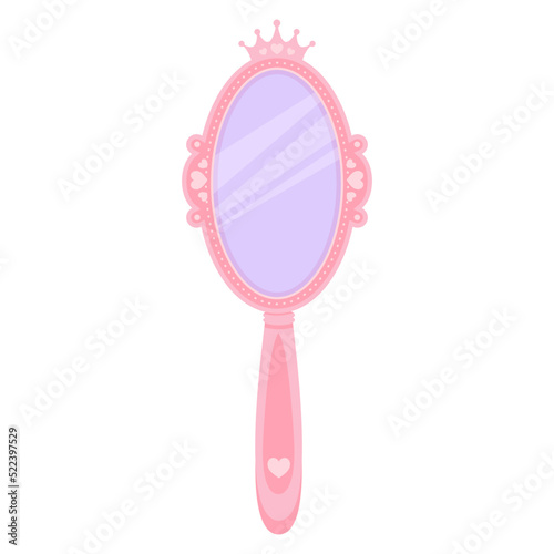 Pink princess mirror with crown. Cartoon oval hand frame for girls birthday decor. Cute vector illustration isolated on white background.