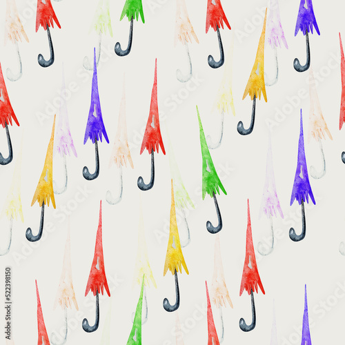 Multicolored umbrellas watercolor seamless pattern. Template for decorating designs and illustrations.