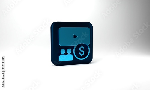 Blue Cinema auditorium with screen icon isolated on grey background. Blue square button. 3d illustration 3D render