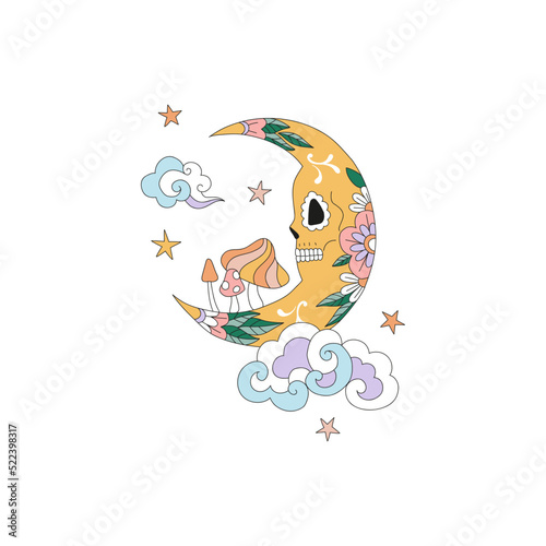 Retro 60s 70s Floral skull crescent trippy mushrooms starry night sky vector illustration isolated on white. Hippie groovy Halloween Day of the Dead holiday boho celestial print for T-shirt design.