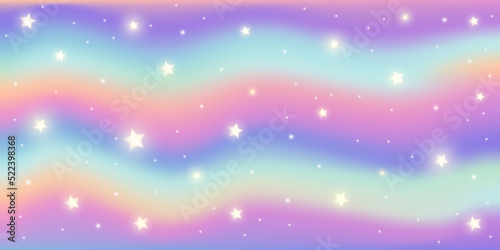 Rainbow fantasy background. Holographic illustration in pastel colors. Cute wavy pattern. Bright multicolored sky and stars. Vector.