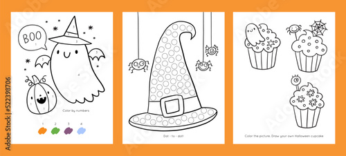 Happy Halloween - coloring pages for kids. Printable activity, worksheets. Educational game for preschool. Learn numbers and colors. Vector cute cartoon worksheets
