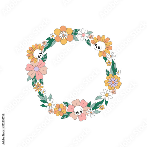 Spooky skull flower daisy wreath vector illustration isolated on white. Retro 60s 70s round frame. Boho hippie groovy floral arrangement for Halloween.