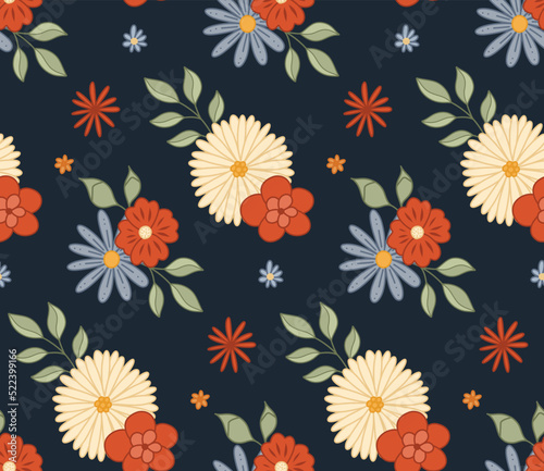 Vector seamless pattern with bouquet of groovy flowers and stems on dark pattern. Hippie mood. Retro floral texture.