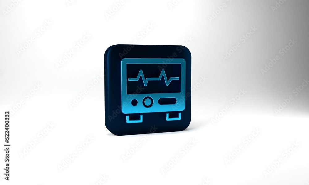 Blue Computer monitor with cardiogram icon isolated on grey background. Monitoring icon. ECG monitor with heart beat hand drawn. Blue square button. 3d illustration 3D render