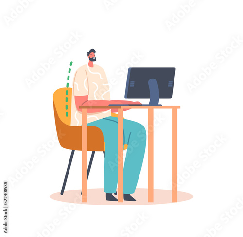 Male Character Correct Sitting Position during Working at Computer. Man Worker with Straight Back Sit at Table