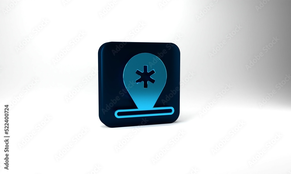 Blue Medical map pointer with cross hospital icon isolated on grey background. Blue square button. 3d illustration 3D render Blue Medical map pointer with cross hospital icon isolated on grey background. Blue square button. 3d illustration 3D render