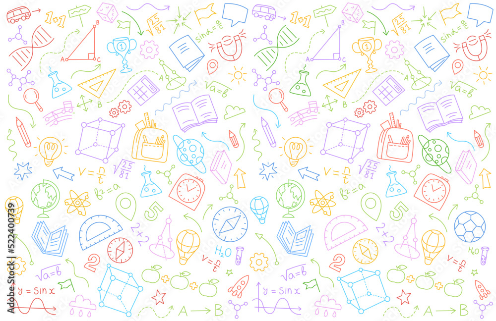 School sketch doodle background. Hand drawn vector color line. Editable stroke size.