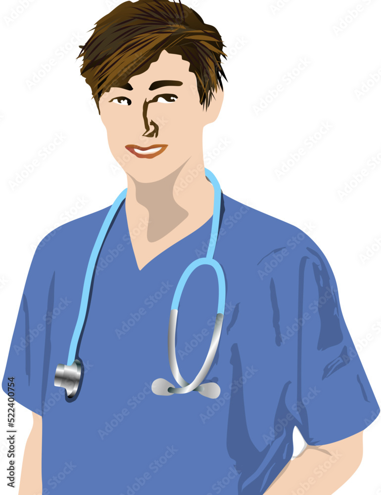 A young handsome doctor with stethoscope wearing blue top isolated on transparent background, realistic minimalistic illustration vector A young handsome doctor with stethoscope wearing blue top isolated on transparent background, realistic minimalistic illustration vector