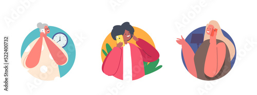 People Communicate by Mobile Phone Isolated Round Icons or Avatars. Senior, Adult and Young Women Speaking by Smartphone