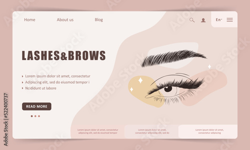 Lash and brows landing page template. Linear female eyes. Elegant logo for beauty salon. Vector Illustration in flat cartoon style. Website design.