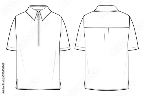 mens short sleeve polo t shirt with half zipper front and back view flat sketch vector illustration template. cad mockup.