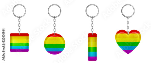Rainbow keychains, keyring holders with lgbt flag symbolic isolated on white background. Metal heart, round, square and rectangular gift accessories or souvenir pendants mockup Realistic 3d vector set