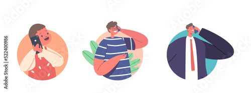 People Communicate by Mobile Phones Isolated Round Icons or Avatars. Little Boy, Teenager and Businessman Speaking