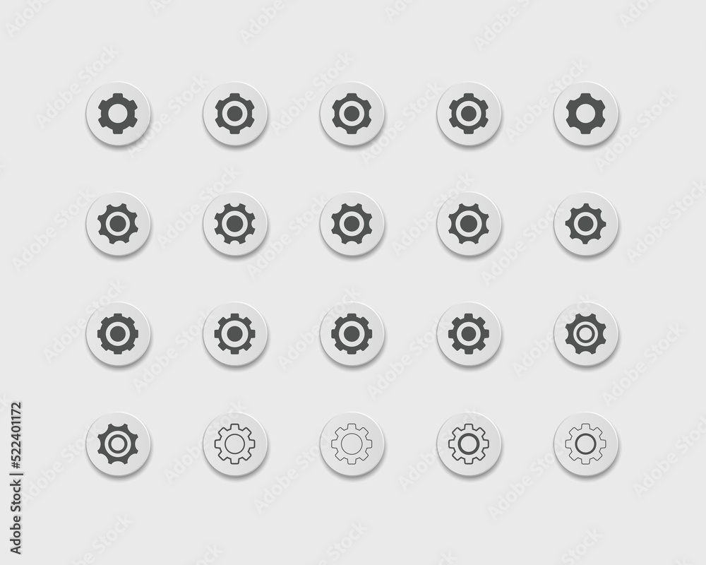 Setting icon pack for apps or web interface with button. Set of settings, Gear, Cog icon vector. Sign flat style setting or gear
Setting icon pack for apps or web interface with button. Set of settings, Gear, Cog icon vector. Sign flat style setting or gear