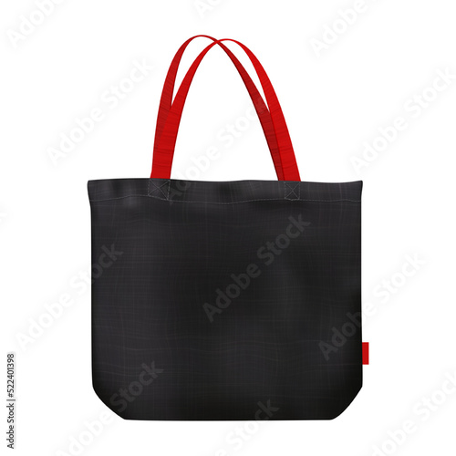 Black blank mockup of tote bag with cotton texture isolated from background. Eco friendly shopper. Zero waste illustration. Vector advertising template. Fabric shopping sack. Totebag with red handles
