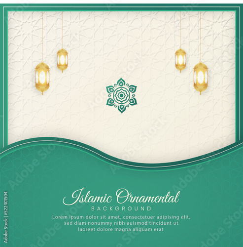 Islamic Ornamental Arabic White and Green Luxury Background with Geometric pattern and Beautiful Lanterns