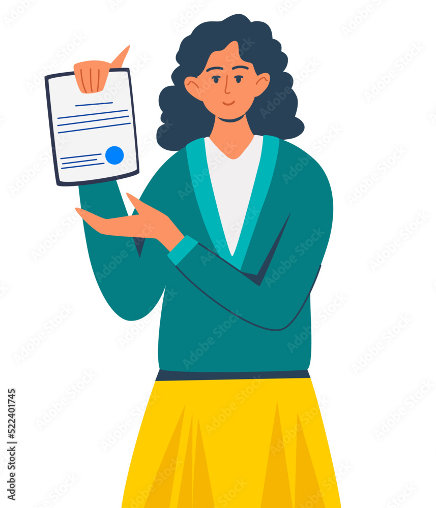 Woman holds a folder with documents. Female office worker. User and data archive. Database, searching info. Business communication concept. Trendy flat vector illustration Woman holds a folder with documents. Female office worker. User and data archive. Database, searching info. Business communication concept. Trendy flat vector illustration